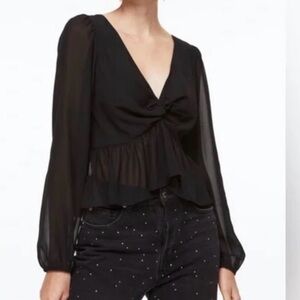 H&M Black Peplum Tie Back Top Sheer Sleeve Flowy Blouse Women’s L Date Night